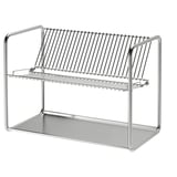An ORDNING stainless-steel dish drainer with two-tiered racks. Silver, durable, rectangular, with handles and perforated bottom.