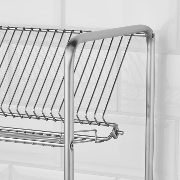 Stainless-steel dish drainer with multiple tiers for efficient drying. Includes hooks for extra hanging space.