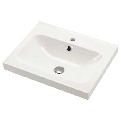Orrsjon white ceramic sink, rectangular, smooth lines, chrome drain.