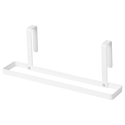 A white PÅLYCKE over-door shelf with two hooks for hanging towels or cleaning rags.