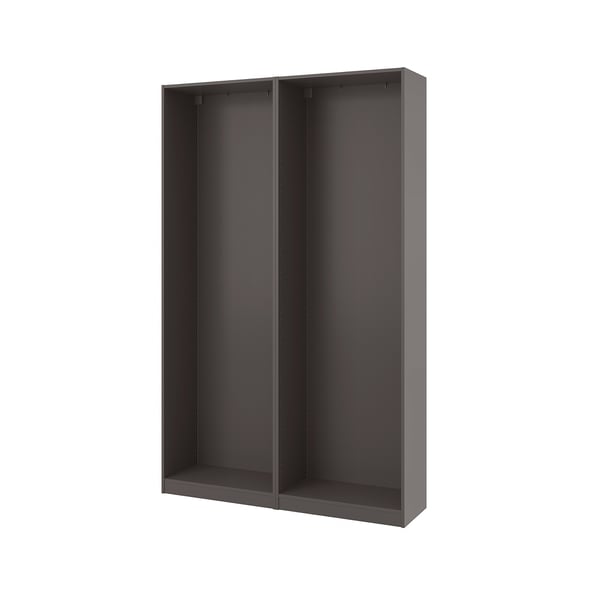 Grey PAX wardrobe frame, tall, rectangular, no doors, minimalist design.