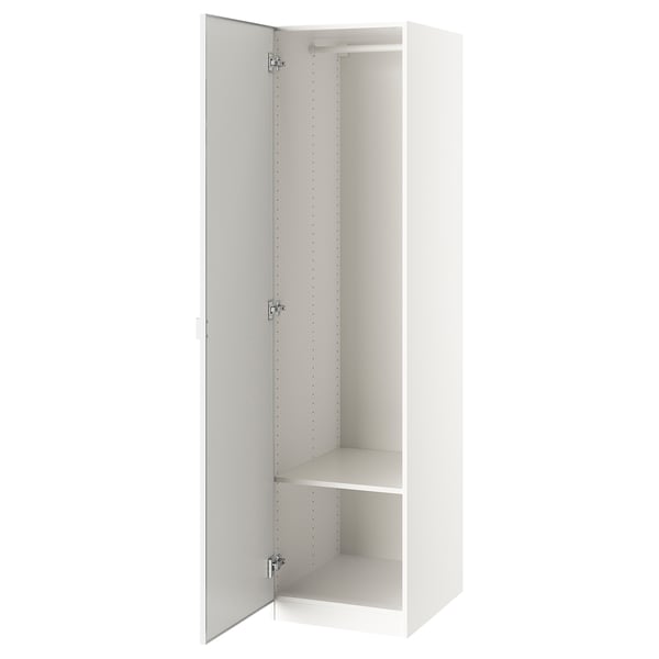 An open white ikea PAX wardrobe with a mirror door, offering storage space inside.