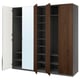 A PAX wardrobe with mirrored, wooden, and gray doors, featuring shelves inside.
