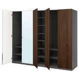 Open ikea PAX wardrobe, white & brown, mirror, minimalist design.