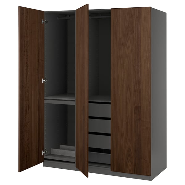 Modern PAX wardrobe in dark brown wood, with gray interior, open doors, shelves, and drawers.