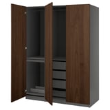 Modern PAX wardrobe in dark brown wood, with gray interior, open doors, shelves, and drawers.