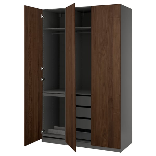 PAX wardrobe in walnut, open doors reveal shelves and drawers. Modern, organized, gray and wooden design.