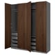 Open wooden wardrobe with brown doors, shelves, drawers, and compartments.
