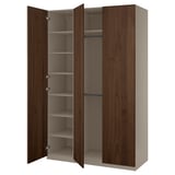 An open PAX wardrobe with dark brown wooden doors and shelves.