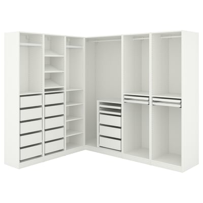 White PAX wardrobe set, modern, corner design with shelves, drawers, and hanging space.