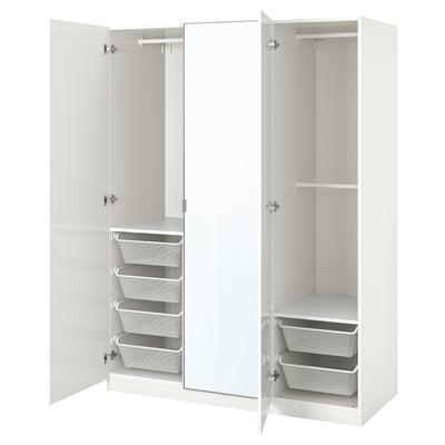 White PAX wardrobe, mirror doors, mesh baskets, adjustable, soft-closing hinges.