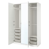 White ikea PAX wardrobe with mesh baskets, mirror door, and soft-close hinges.