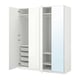 White PAX wardrobe with mirrored doors, adjustable shelves, and mesh baskets. Sleek, modern design for efficient storage.