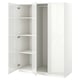 A white PAX wardrobe with mirrored sliding doors. It adjustable shelves inside and soft-closing hinges.