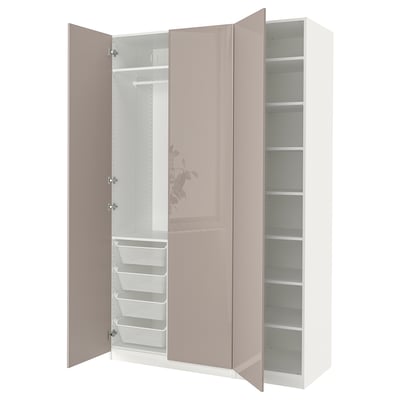 An open beige PAX wardrobe with shelves and drawers. It a simple, modern design with a glossy finish.