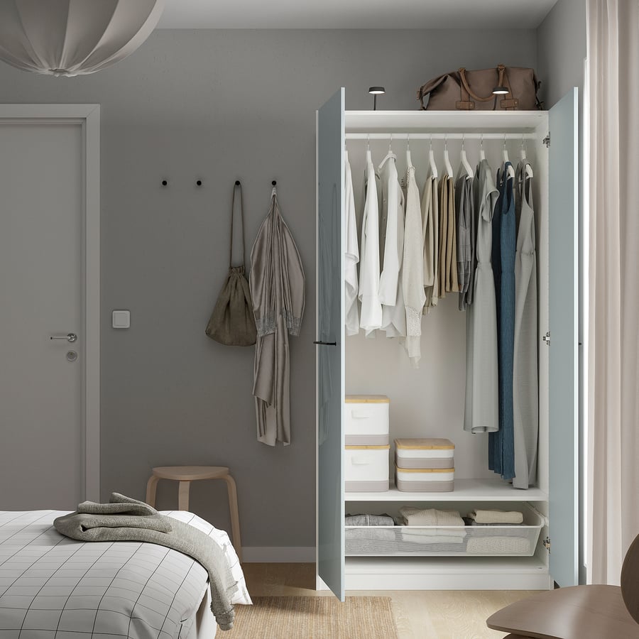 PAX / FARDAL wardrobe, white/highgloss/light greyblue, 100x60x201 cm