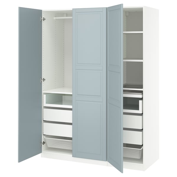 A light blue PAX wardrobe with open doors revealing drawers and shelves.