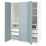 A light blue PAX wardrobe with open doors revealing drawers and shelves.