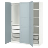 Ikea PAX wardrobe in light blue, open displaying drawers and shelves.