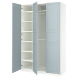 Blue-white PAX wardrobe adjustable shelves and soft-close doors, with a modern design.