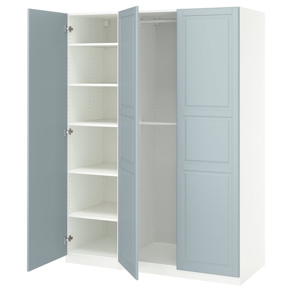 A light blue PAX wardrobe with open doors, featuring multiple shelves for storage.