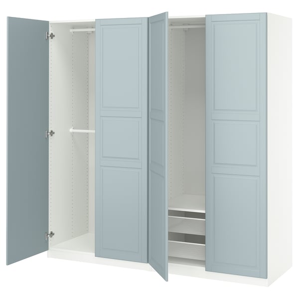 Blue PAX wardrobe with open doors revealing hangers and mesh basket, closed doors have panels.