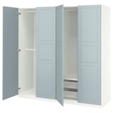 Blue PAX wardrobe with open doors revealing hangers and mesh basket, closed doors have panels.