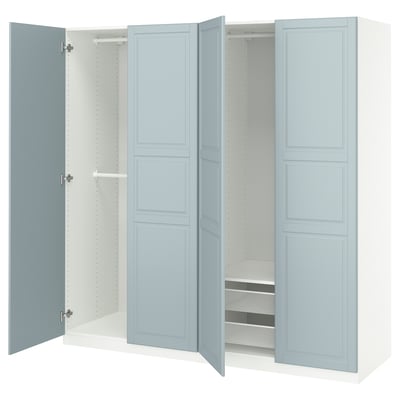 Blue PAX wardrobe with open doors revealing hangers and mesh basket, closed doors have panels.