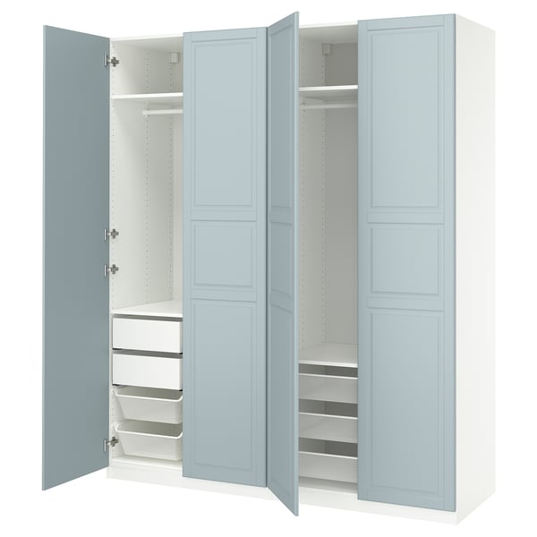Light blue PAX wardrobe with open doors, shelves, hanging space, and mesh baskets.