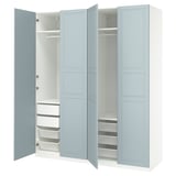 Light blue PAX wardrobe with open doors, shelves, hanging space, and mesh baskets.
