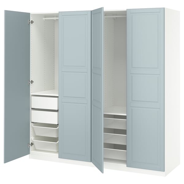 Light blue PAX wardrobe with mesh baskets, shelves, and hanging space.