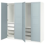 Light blue PAX wardrobe with mesh baskets, shelves, and hanging space.