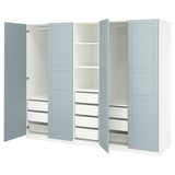 Light blue PAX wardrobe with shelves and drawers, open doors revealing interior.