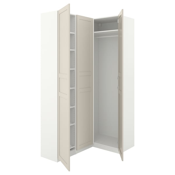 An off-white IKEA PAX wardrobe with open doors revealing shelves and a clothes rod.