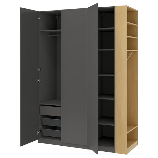 Modern wardrobe with grey doors and light wood shelves, open showing drawers and hanging space.