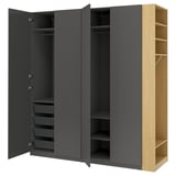 A gray PAX wardrobe with open doors, featuring drawers and shelves for organized storage.