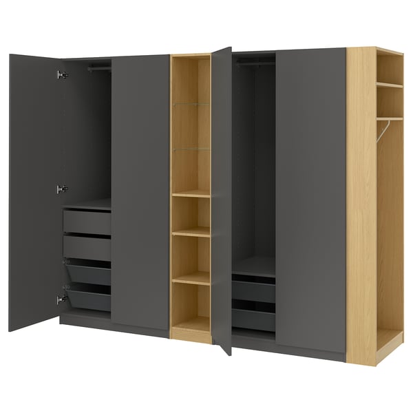 PAX wardrobe, grey and light wood, spacious with shelves and drawers, modern design.