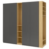 Modern grey & wood PAX wardrobe with multiple compartments and open shelves. Blue-grey doors, light wood interior.
