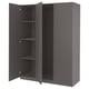 A PAX wardrobe in dark grey with two open doors revealing interior shelves.