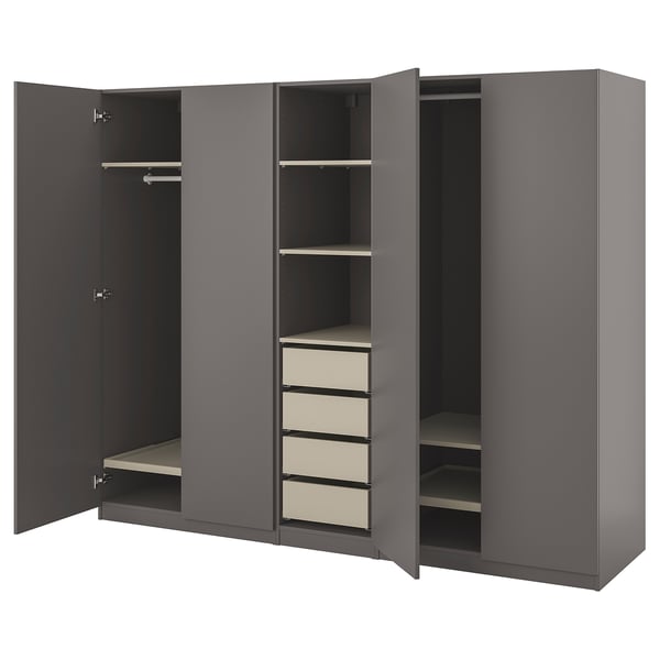 A grey PAX wardrobe with open doors, revealing adjustable shelves and drawers.