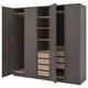 PAX wardrobe: dark gray, with wood shelves, drawers, and hanging space.