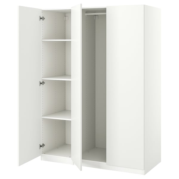 White ikea PAX wardrobe with open doors, showing shelves and hanging rail.