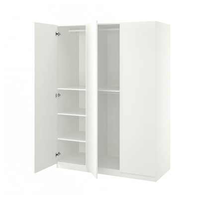 White ikea PAX wardrobe with open doors and adjustable shelves.