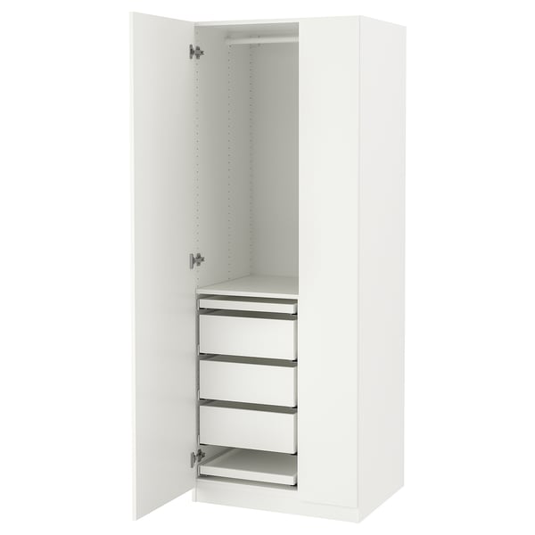 A white PAX wardrobe with an open door, revealing shelves inside.