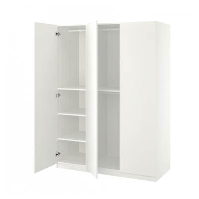 This image a white ikea PAX wardrobe with open doors revealing adjustable shelves. The modern, minimalist design offers ample storage space.