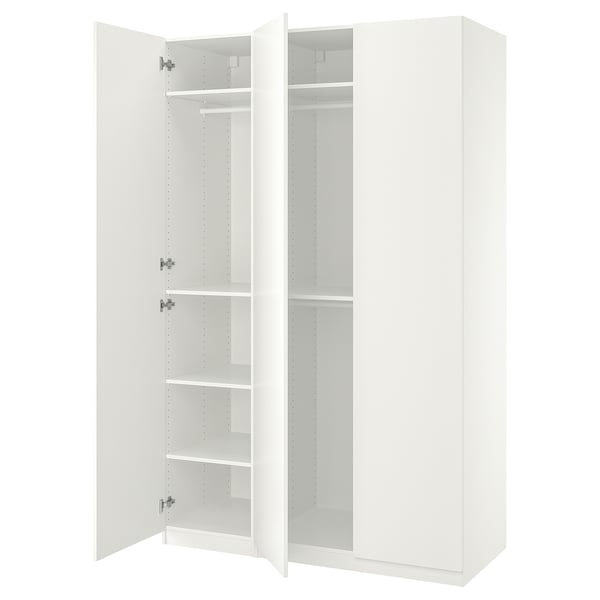 White ikea PAX wardrobe with open doors, white shelves, hinges, and minimalist design.