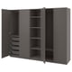 A grey PAX wardrobe with three doors open, revealing shelves and mesh drawers. The design is modern and functional for storage.