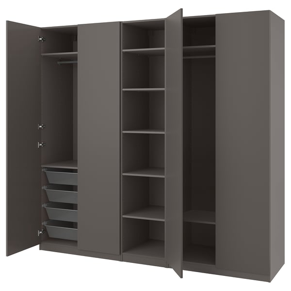 Modern grey PAX wardrobe with open doors, multiple shelves, and pull-out racks for clothes.