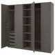 Modern grey PAX wardrobe with open doors, multiple shelves, and pull-out racks for clothes.