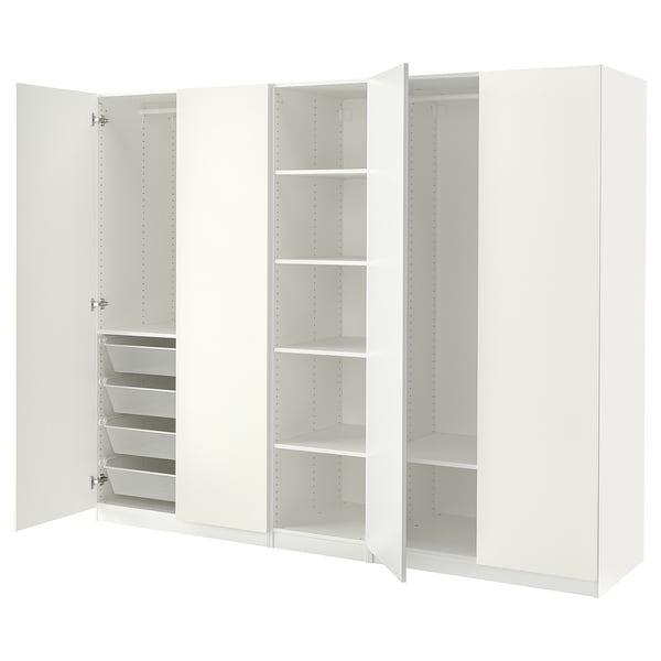 White PAX wardrobe with open doors, shelves, and mesh baskets.